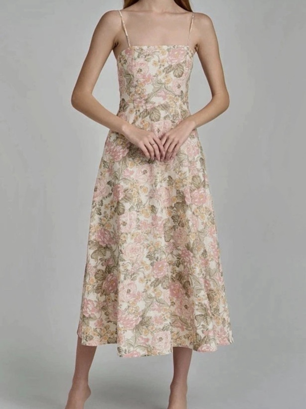 WAYF Josefina Floral Fit & Flare Midi Dress in Pink & Green Like New